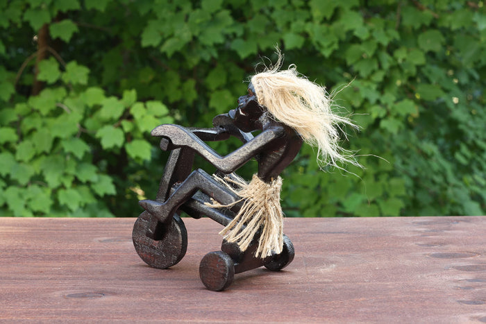 G6 Collection Wooden Handmade Tiki Riding Tricycle Statue, 6 inch