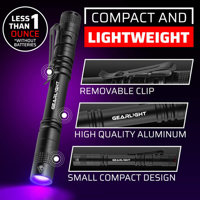 GearLight UV Black Light Flashlight S100 - 2 Pack Mini Blacklight for Leak Detection, Pet Urine, Stains - Black Color