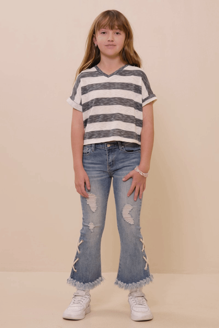 Girls Heathered Stripe V Neck Knit Top