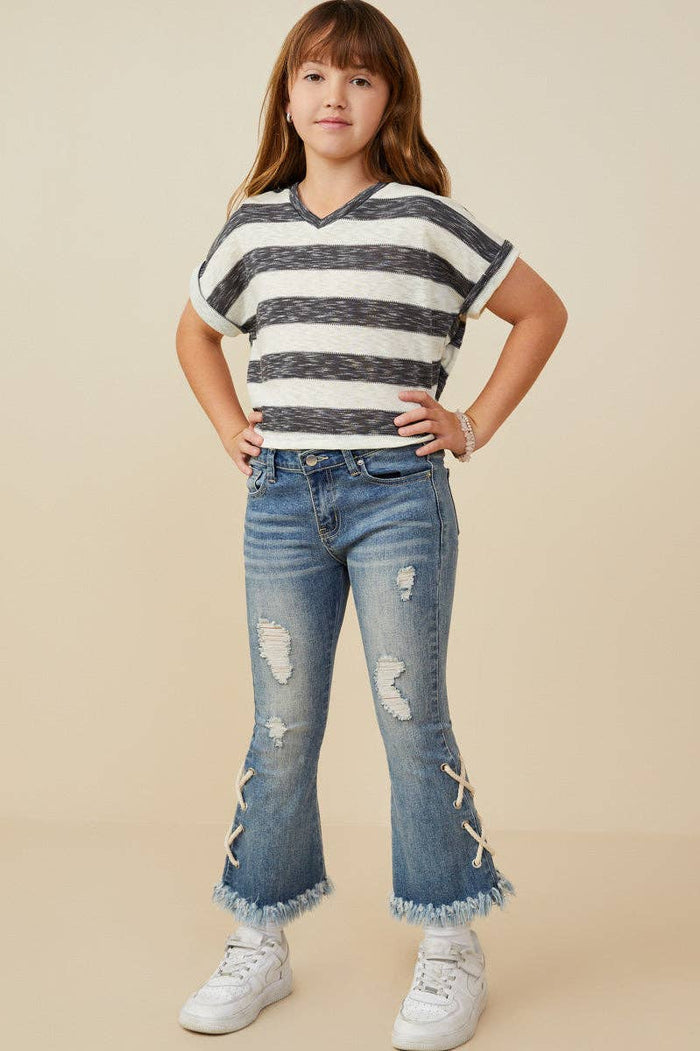 Girls Heathered Stripe V Neck Knit Top