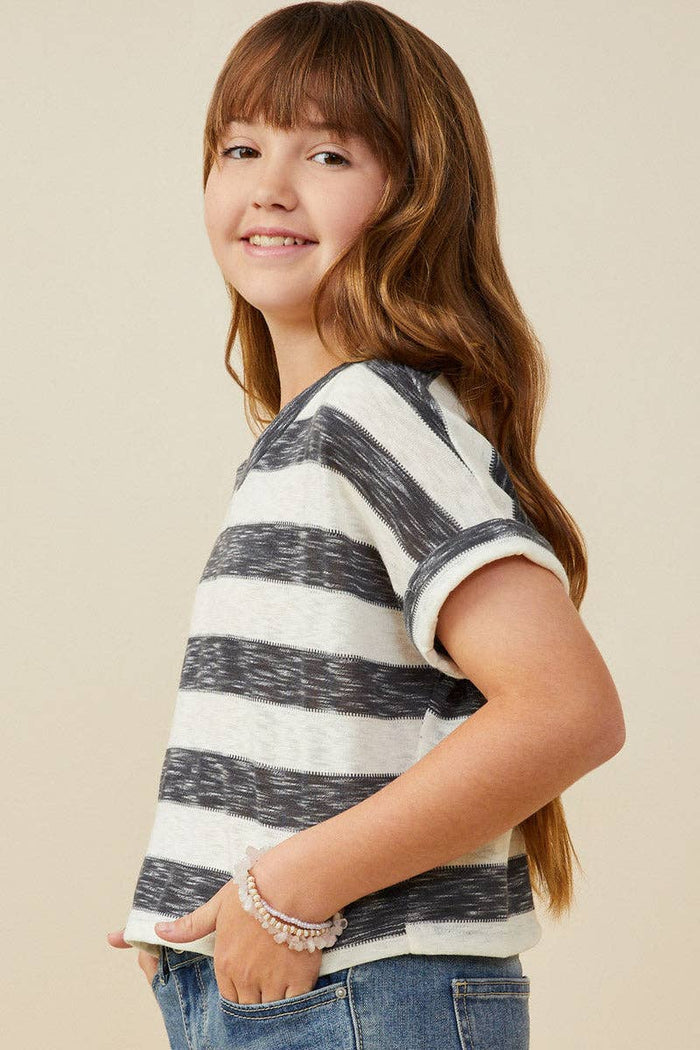 Girls Heathered Stripe V Neck Knit Top
