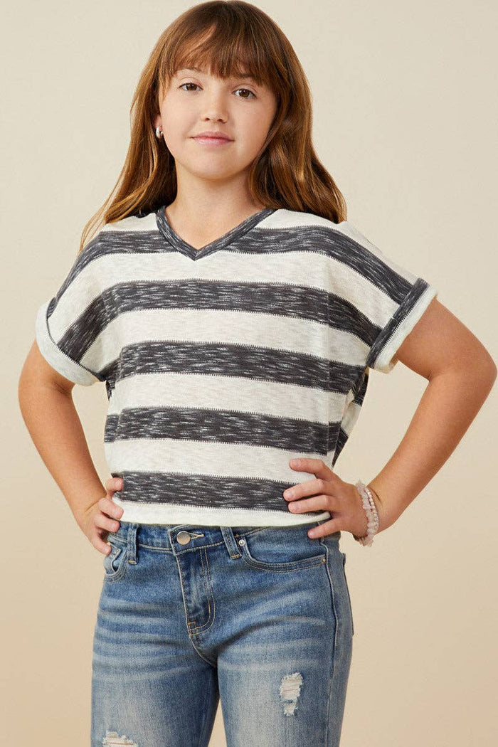 Girls Heathered Stripe V Neck Knit Top