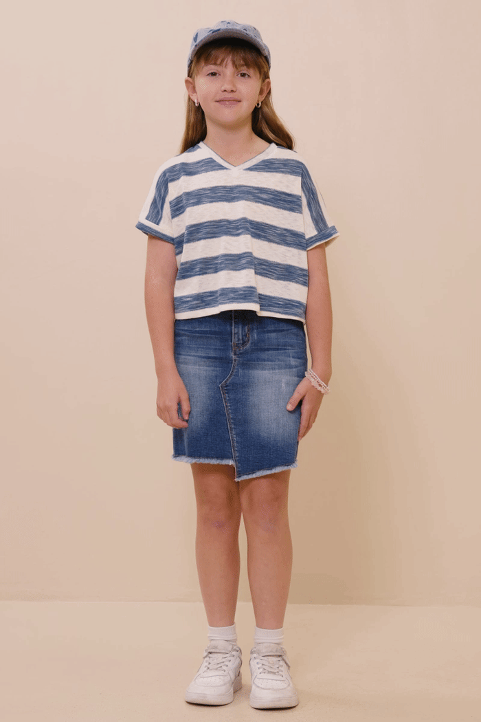 Girls Heathered Stripe V Neck Knit Top