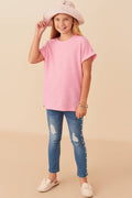 Girls Textured Rib Knit Roll Sleeve T Shirt