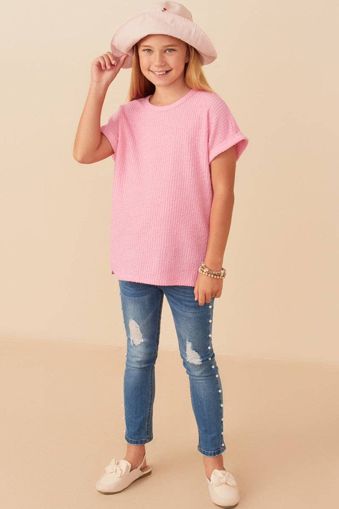 Girls Textured Rib Knit Roll Sleeve T Shirt