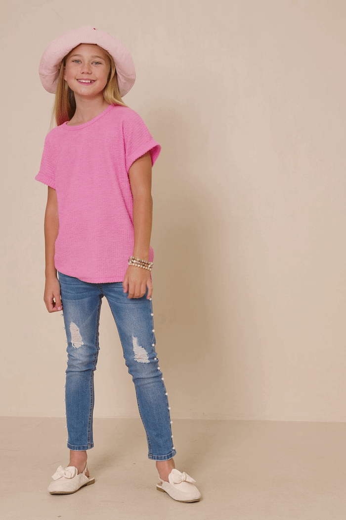 Girls Textured Rib Knit Roll Sleeve T Shirt