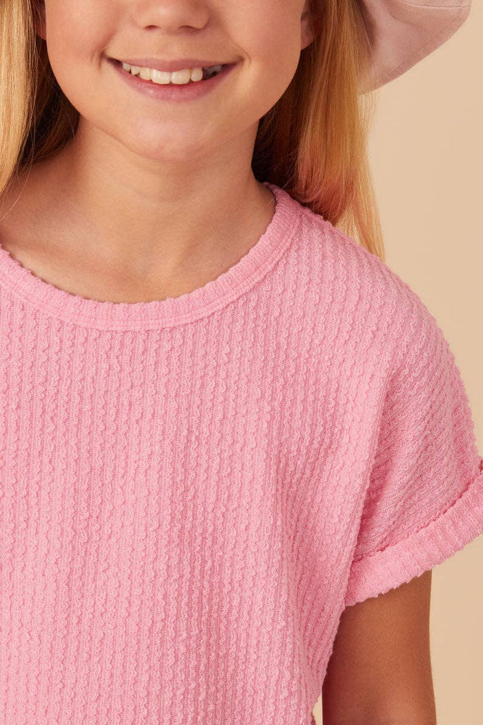 Girls Textured Rib Knit Roll Sleeve T Shirt