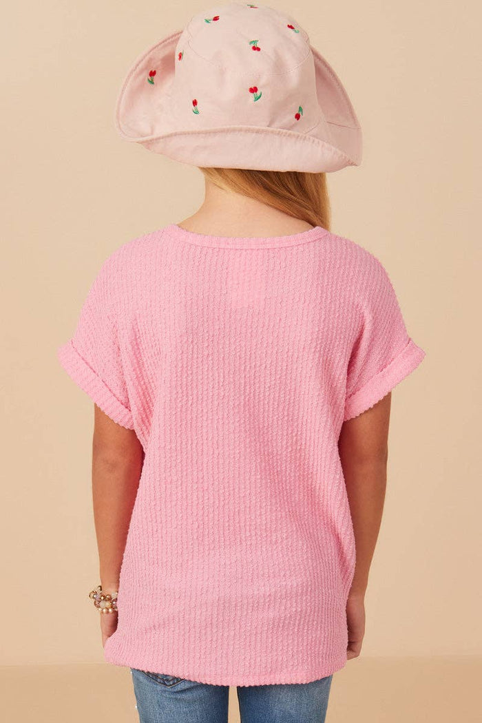 Girls Textured Rib Knit Roll Sleeve T Shirt