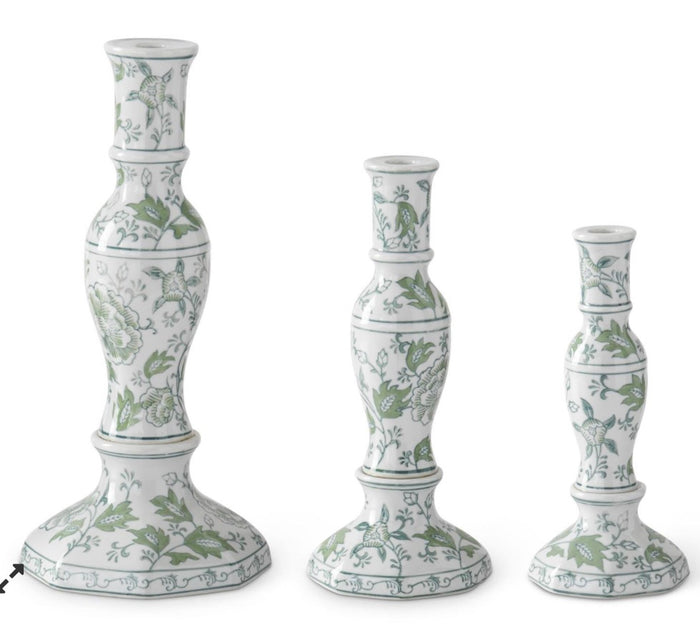 Green & White Floral Ceramic Taper Candleholders