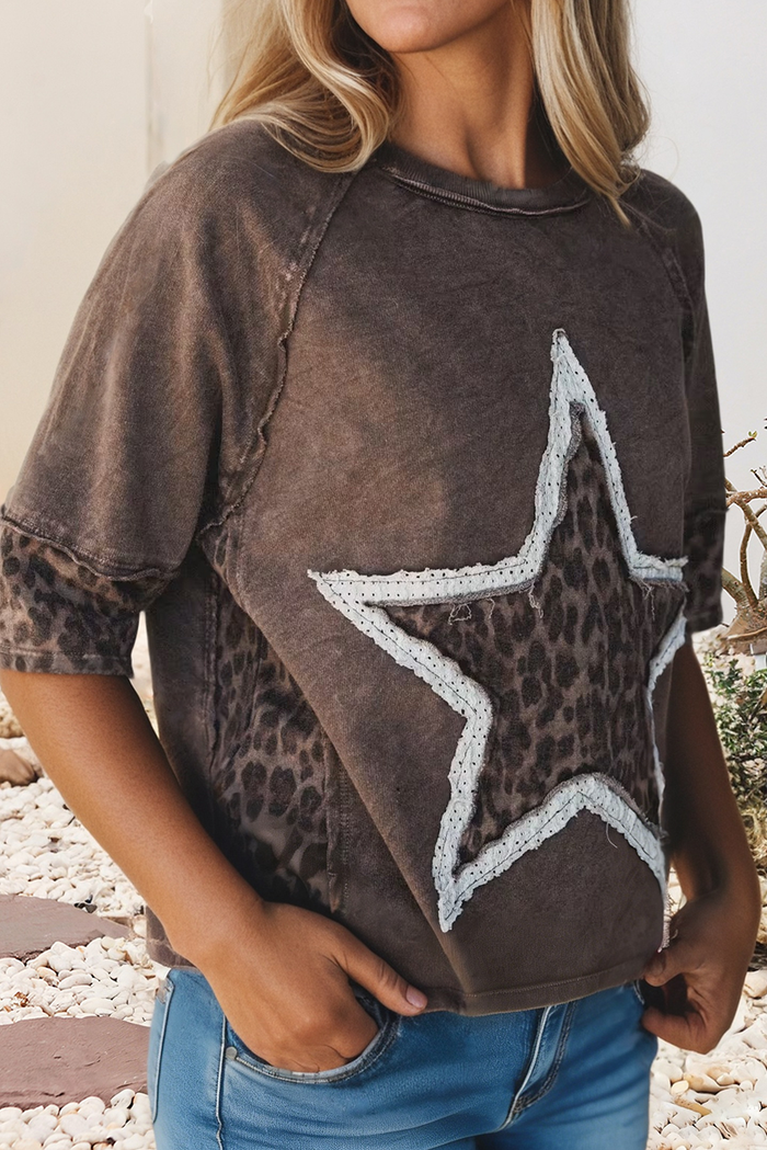 Mineral Wash Exposed Seam Leopard Star Patched T Shirt