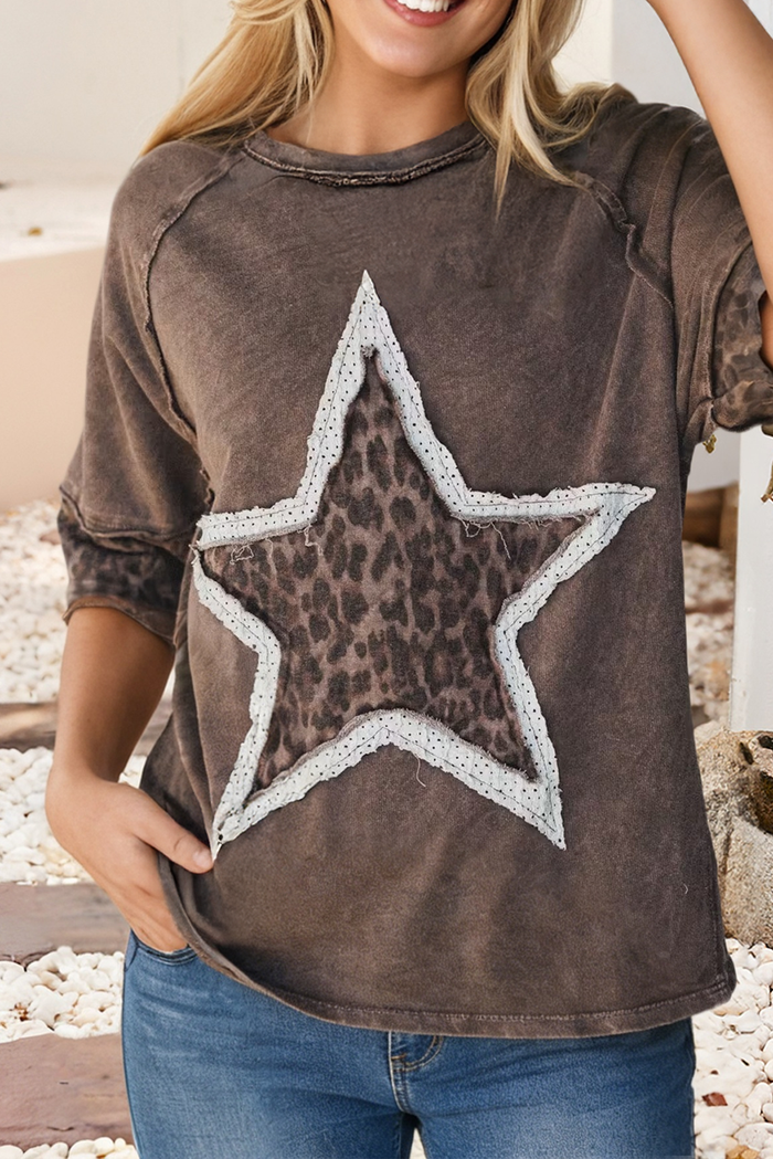 Mineral Wash Exposed Seam Leopard Star Patched T Shirt