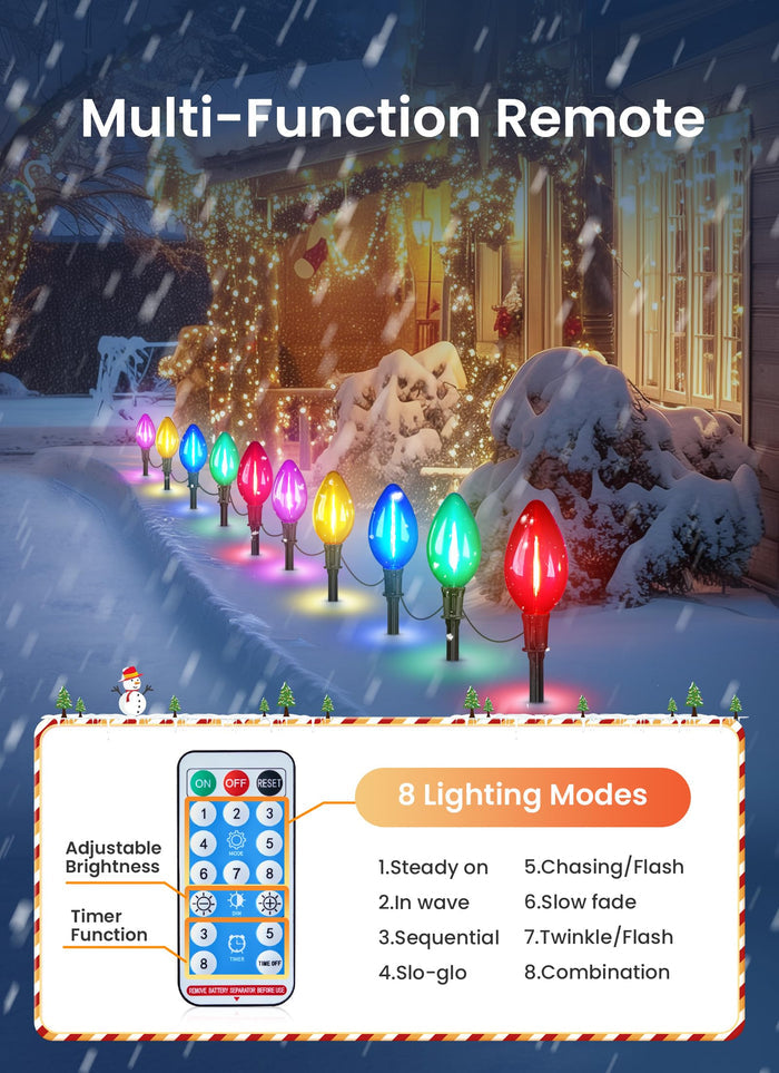Minetom Solar C9 Christmas Pathway Lights - 20 LED, 8 Modes, Timer, 32FT, 2 Pack, Multicolor