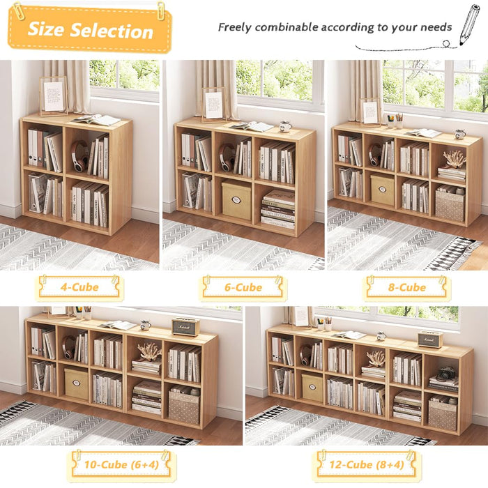 NELYE 4 Cube Organizer Bookcase - Fabric Storage Bins Container, Open Shelf Simple Compartments Bookshelf, Oak