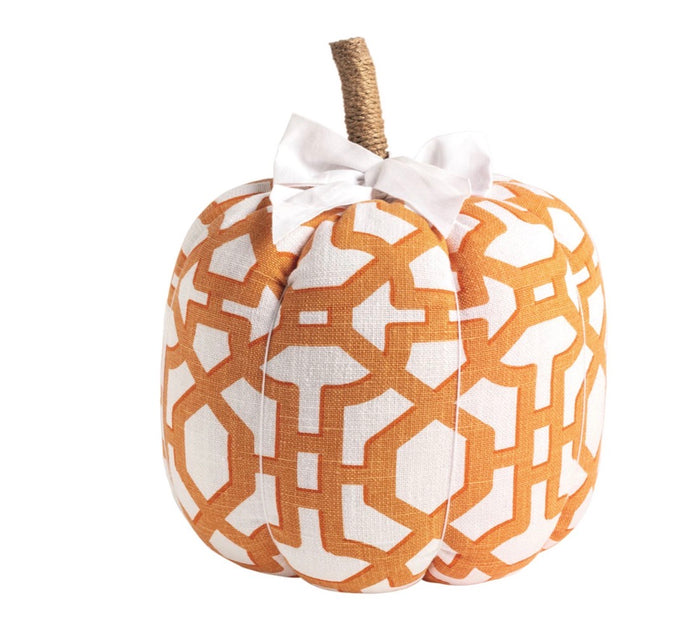Patterned cotton pumpkin with jute wrapped stem and ribbon bow.