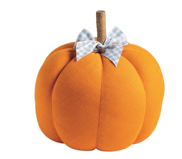 Patterned cotton pumpkin with jute wrapped stem and ribbon bow.