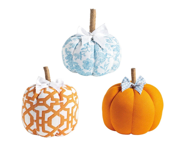 Patterned cotton pumpkin with jute wrapped stem and ribbon bow.
