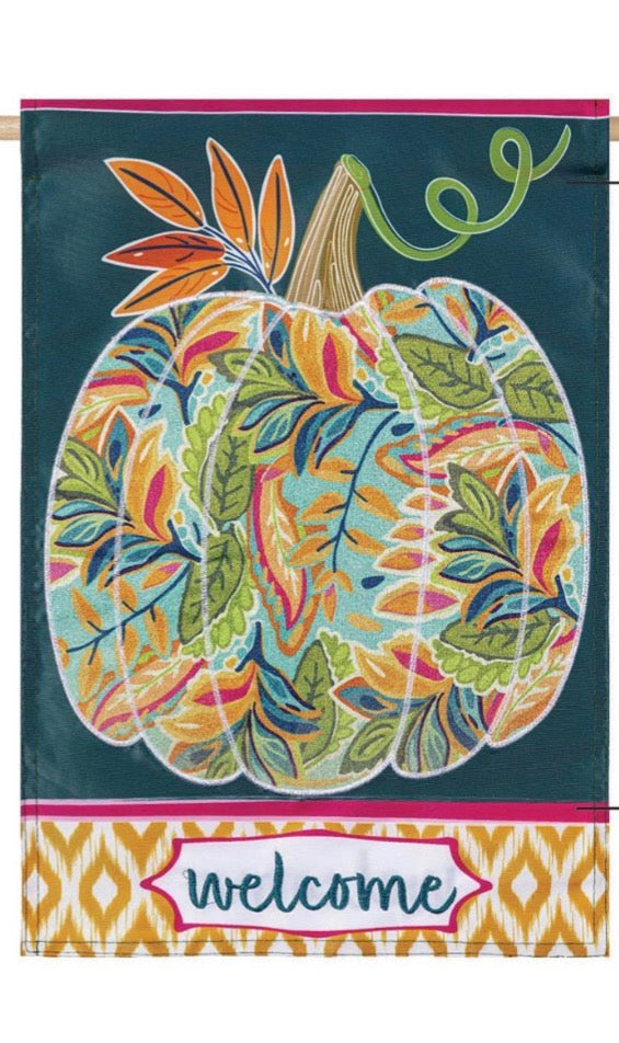 Patterned Jacobean Floral Pumpkin Applique House Flag