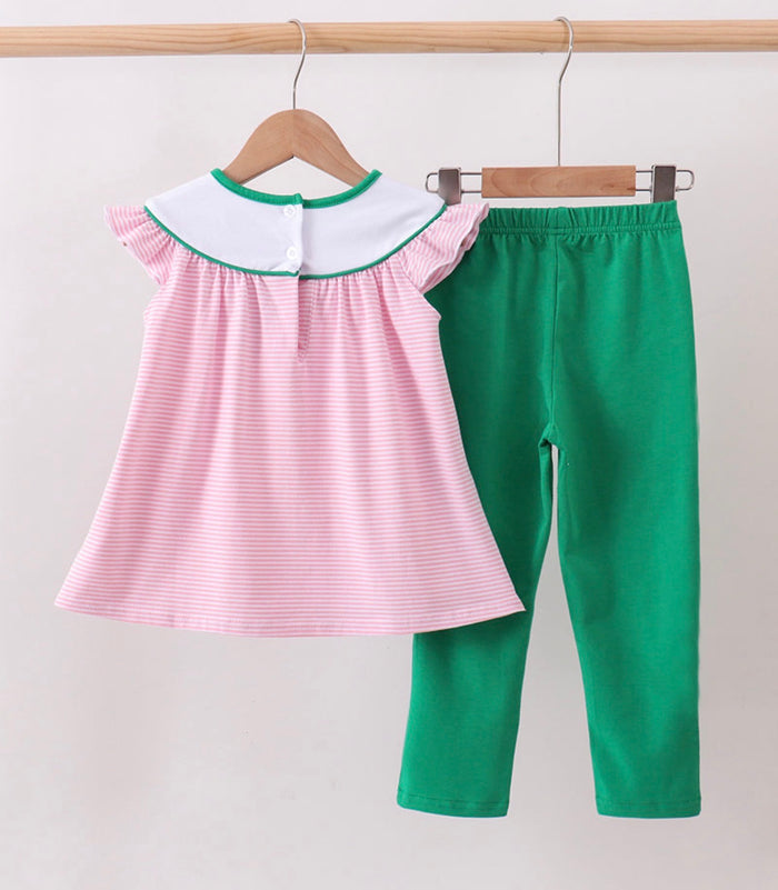 Pink stripe duck embroidery pants set