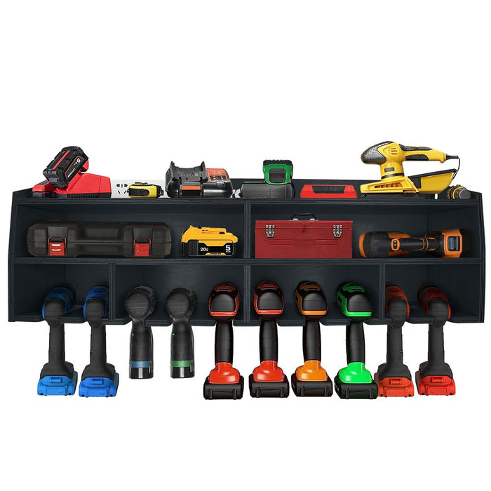 Pro Lift Cordless Drill Organizer – wall mount power tool storage rack, 10 hanging slots, wooden M-005W1