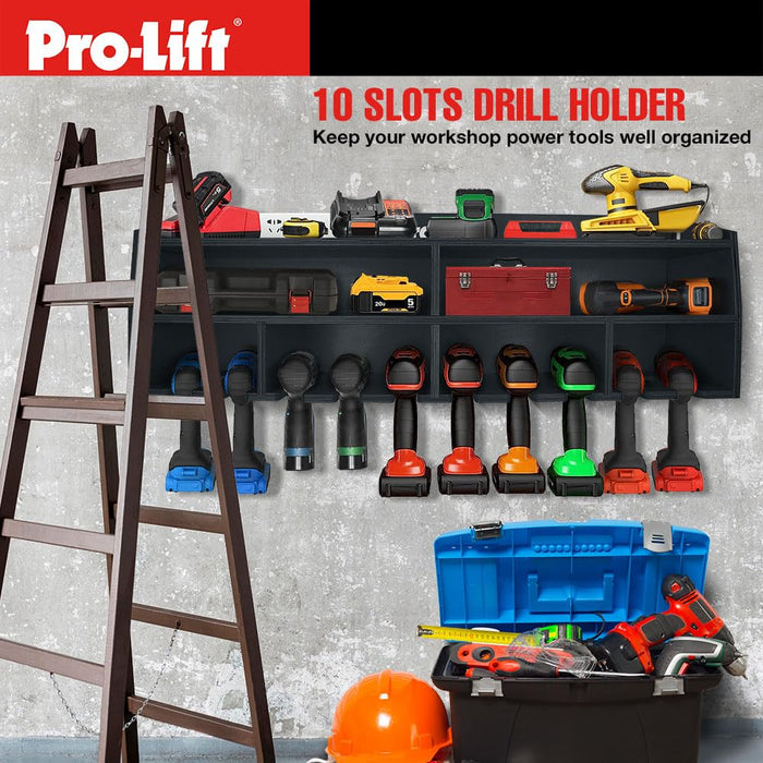 Pro Lift Cordless Drill Organizer – wall mount power tool storage rack, 10 hanging slots, wooden M-005W1
