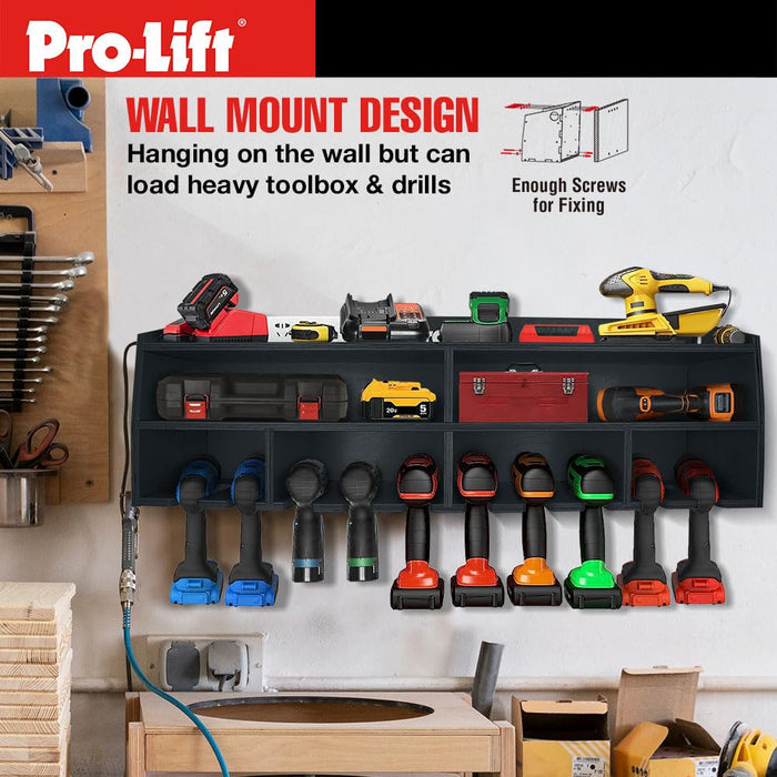 Pro Lift Cordless Drill Organizer – wall mount power tool storage rack, 10 hanging slots, wooden M-005W1