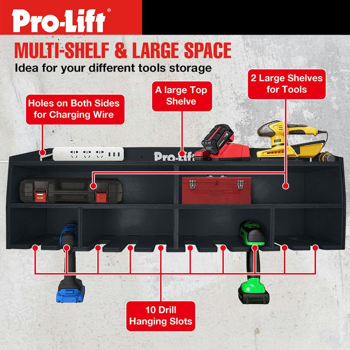 Pro Lift Cordless Drill Organizer – wall mount power tool storage rack, 10 hanging slots, wooden M-005W1