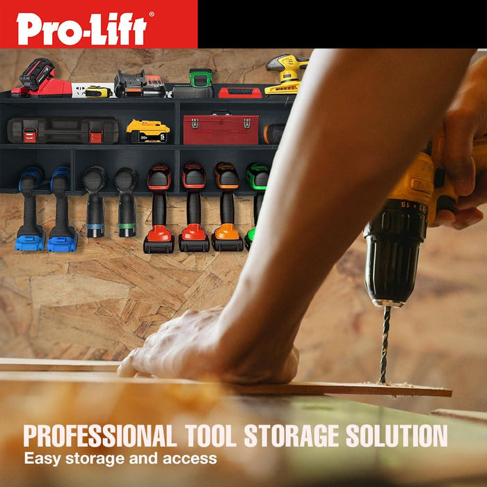 Pro Lift Cordless Drill Organizer – wall mount power tool storage rack, 10 hanging slots, wooden M-005W1