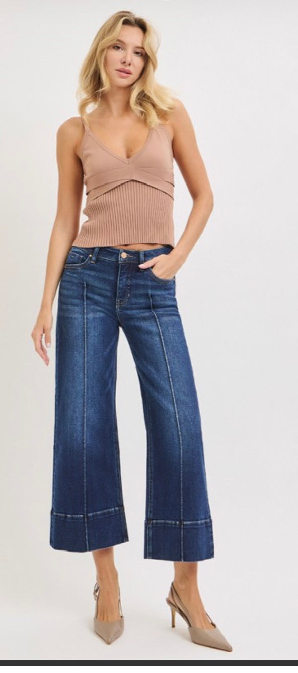 Risen mid rise crop wide pintuck front jeans