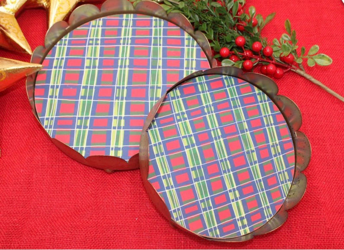 Scalloped Metal Trays, Painterly Plaid