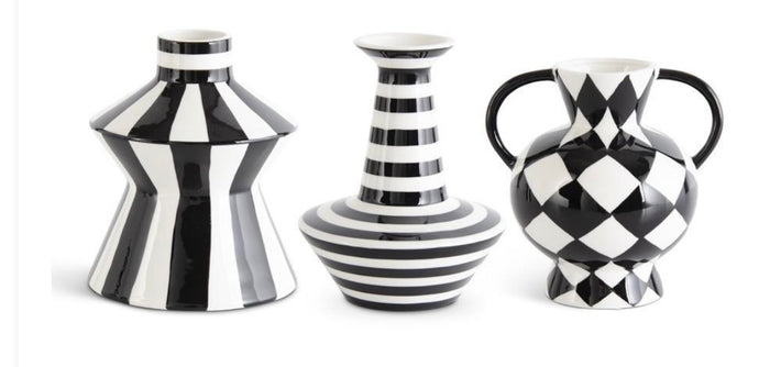 Set of 3 Black & White Ceramic Vases