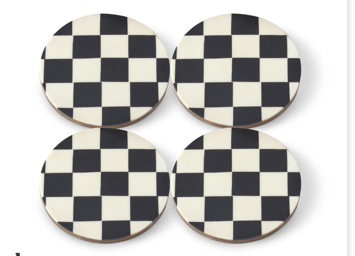 Set of 4 Black & White Check Enameled Wood Coasters