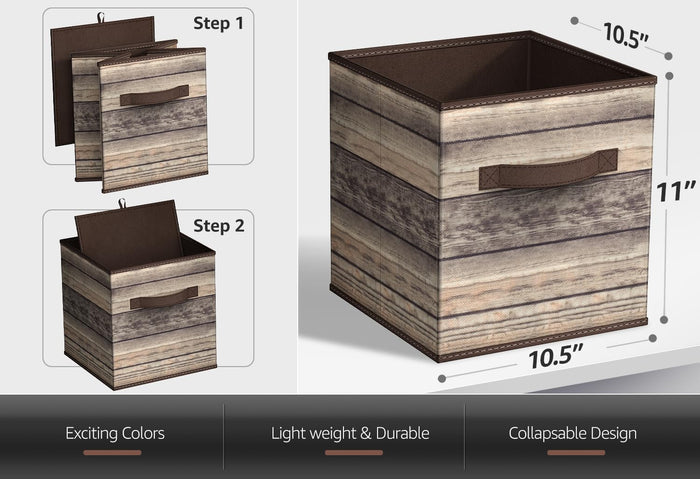 Sorbus Foldable Storage Cube Basket Bin, Rustic Wood Grain Print, 4-Pack (Rustic Bin - Brown)