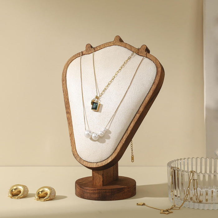 TANG SONG 8.27" Walnut Wooden Base Leather Soft Mat Necklace Display Stand Jewelry Organizer Holder (Walnut-Beige)