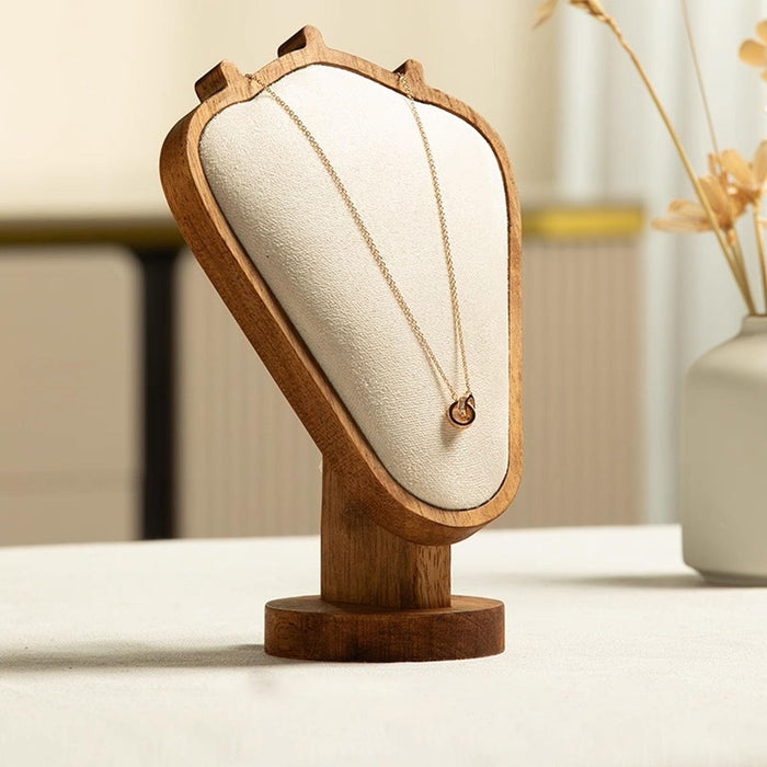 TANG SONG 8.27" Walnut Wooden Base Leather Soft Mat Necklace Display Stand Jewelry Organizer Holder (Walnut-Beige)