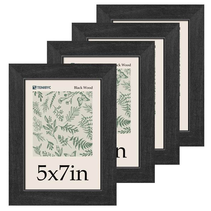 TENIBYC 5x7 Picture Frame 4 Pack, Black Wood Photo Frame, HD Tempered Glass, Table Display or Wall Hanging
