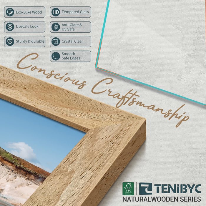 TENIBYC 5x7 Picture Frame 4 Pack, Natural Wood Photo Frame, HD Tempered Glass, Table Display or Wall Hanging