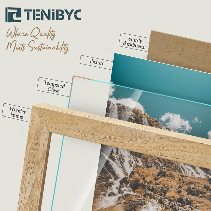 TENIBYC 5x7 Picture Frame 4 Pack, Natural Wood Photo Frame, HD Tempered Glass, Table Display or Wall Hanging