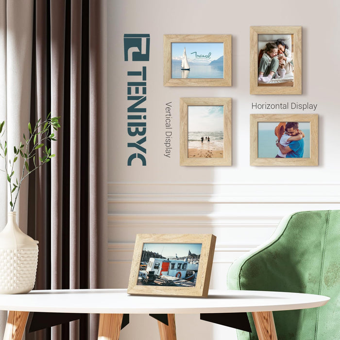 TENIBYC 5x7 Picture Frame 4 Pack, Natural Wood Photo Frame, HD Tempered Glass, Table Display or Wall Hanging
