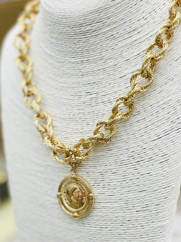 VINTAGE - Twisted Link Coin Necklace (matte gold) NK510