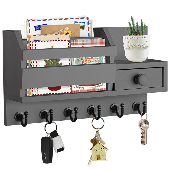 VIS'V Key Holder Wall Mount, Wooden Mail and Key Organizer with Drawer and Shelf, 2 Slots, 6 Hooks, Grey