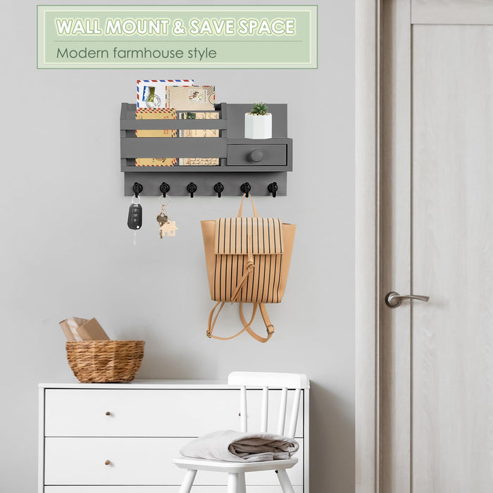 VIS'V Key Holder Wall Mount, Wooden Mail and Key Organizer with Drawer and Shelf, 2 Slots, 6 Hooks, Grey