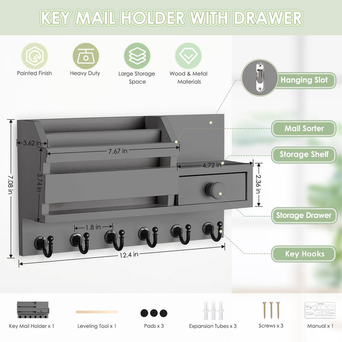 VIS'V Key Holder Wall Mount, Wooden Mail and Key Organizer with Drawer and Shelf, 2 Slots, 6 Hooks, Grey
