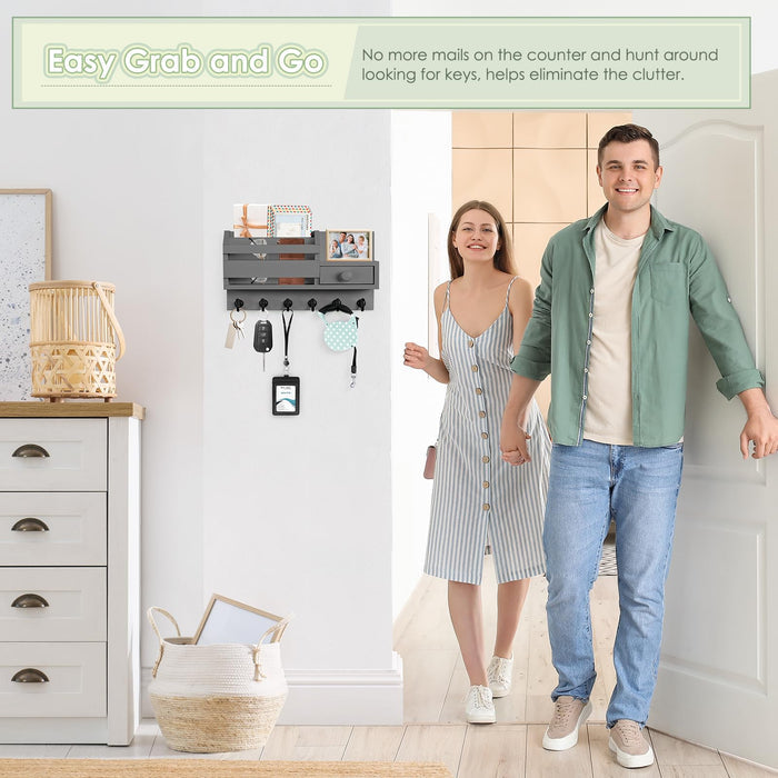 VIS'V Key Holder Wall Mount, Wooden Mail and Key Organizer with Drawer and Shelf, 2 Slots, 6 Hooks, Grey