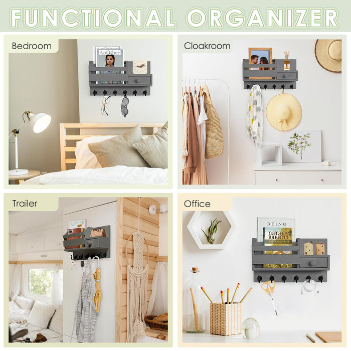 VIS'V Key Holder Wall Mount, Wooden Mail and Key Organizer with Drawer and Shelf, 2 Slots, 6 Hooks, Grey