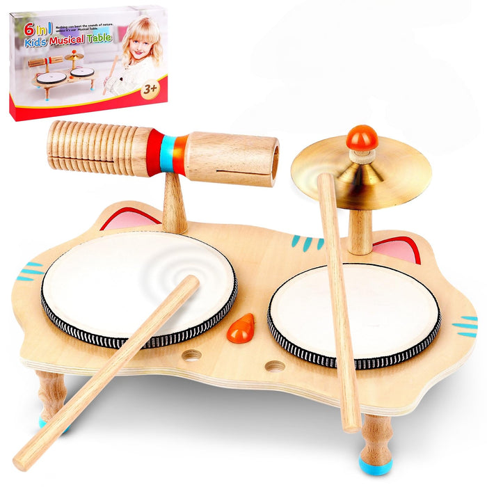 WINGYZ Kids Drum Set, 6-in-1 Wooden Musical Instrument Table