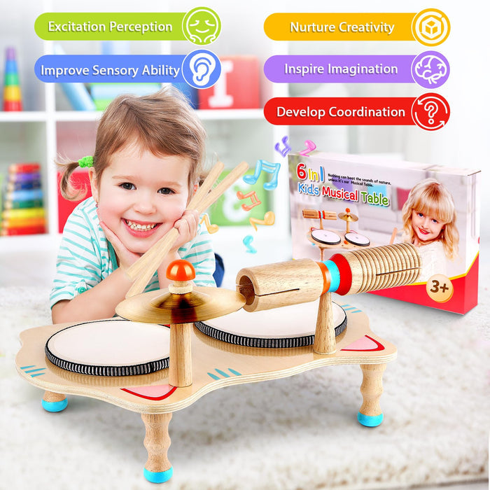 WINGYZ Kids Drum Set, 6-in-1 Wooden Musical Instrument Table