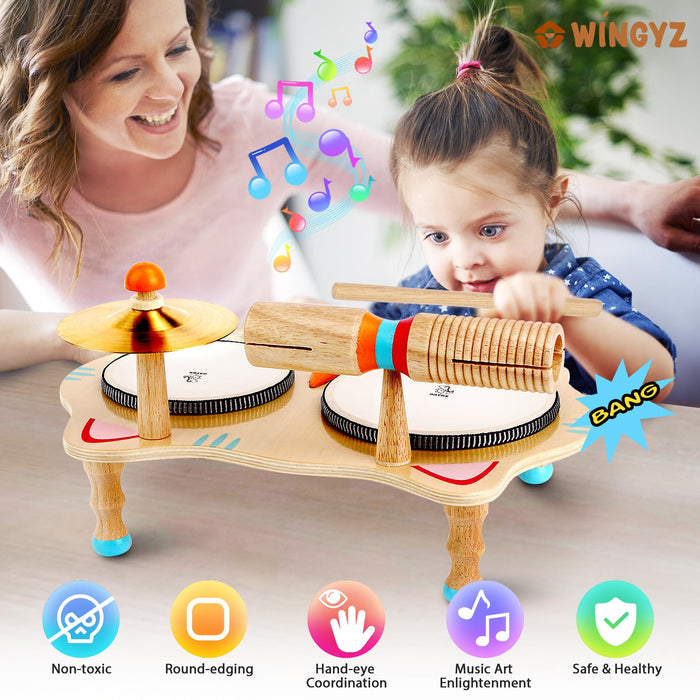 WINGYZ Kids Drum Set, 6-in-1 Wooden Musical Instrument Table