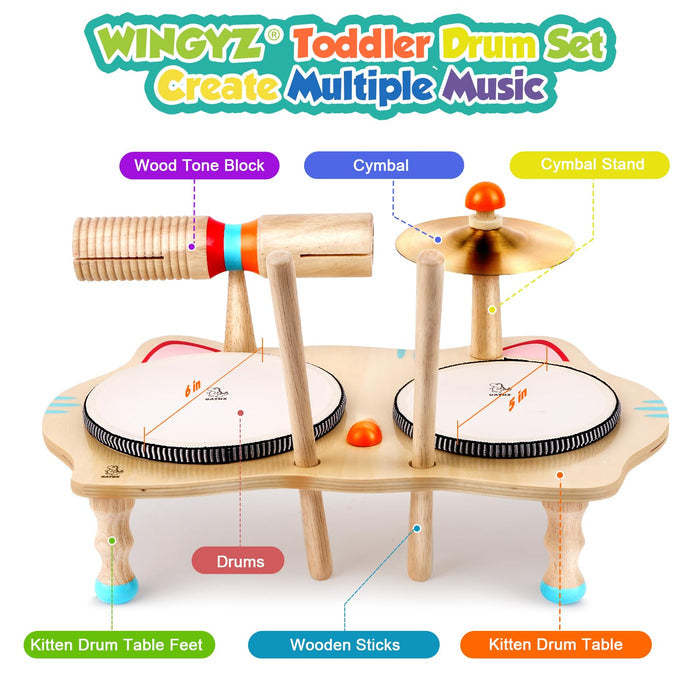 WINGYZ Kids Drum Set, 6-in-1 Wooden Musical Instrument Table