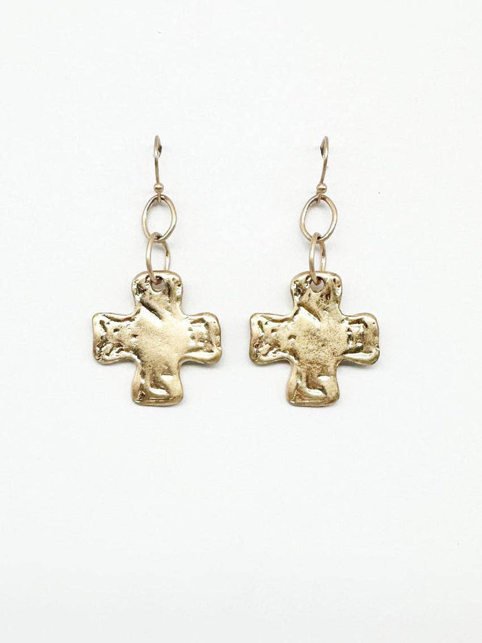 Worn Gold Hammered 1.5" Cross Earrings