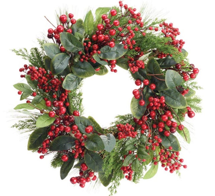 WREATH 24" PINE GREENERY AND RED BERRIES